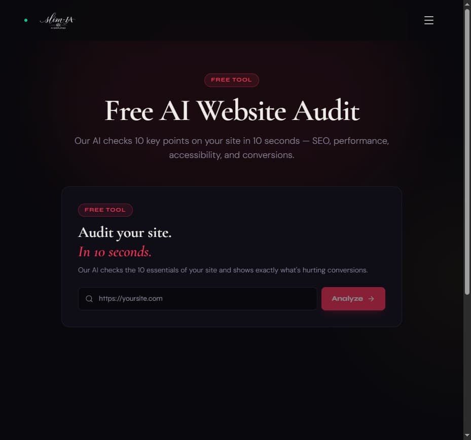 Outil gratuit d'audit de site web par intelligence artificielle développé par Slim-IA