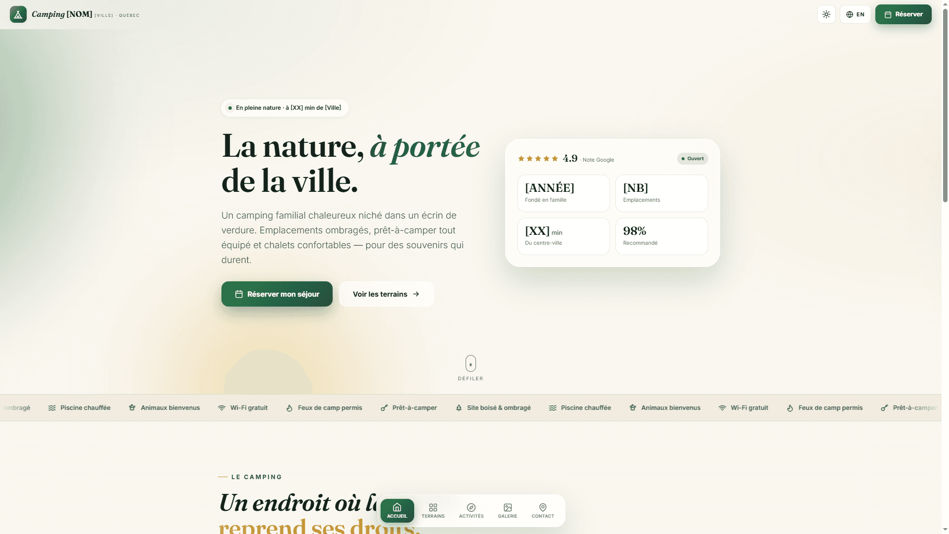 Page d'accueil d'un modèle de site web pour camping au Québec, conçu par Slim-IA